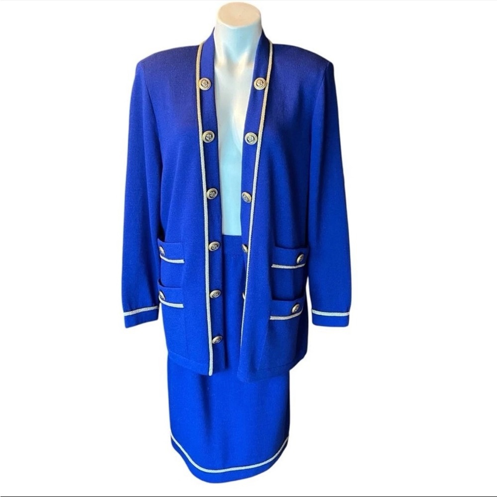 St. John Royal Blue Gold Santana Knit cardigan Skirt Set Eagle Military Style